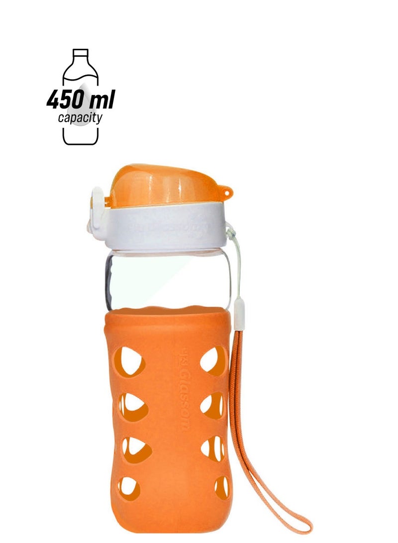 إيونتو زجاجة محمولة من الزجاج ضد التسرب ومقاومة للانزلاق مزودة بكوب وغطاء قلاب ومقبض للحمل وحافظة واقية من السيليكون برتقالي/شفاف 450ملليلتر - Image 1