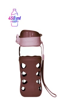 Anti Slip Glass Pop Leak-Proof Cup Portable Bottle With Flip Cap Carrying Handle and Protective Silicone Sleeve Brown/Clear 450ml