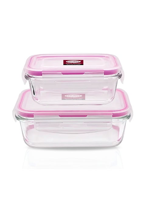 Glass Storage Food Container 2Pcs 600+400ml With Pink Silicone Lid Clear 19x14x12cm