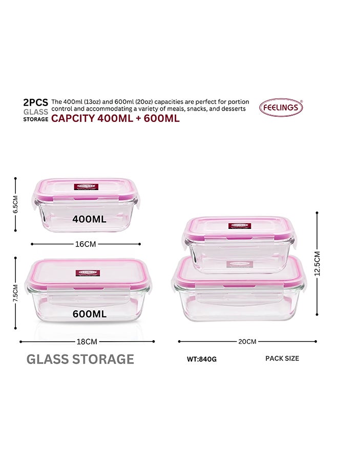 فيلينجز صندوق تخزين زجاجي من قطعتين بسعة 600+400 مل مع غطاء من السيليكون بلون وردي شفاف 19x14x12سم - Image 2