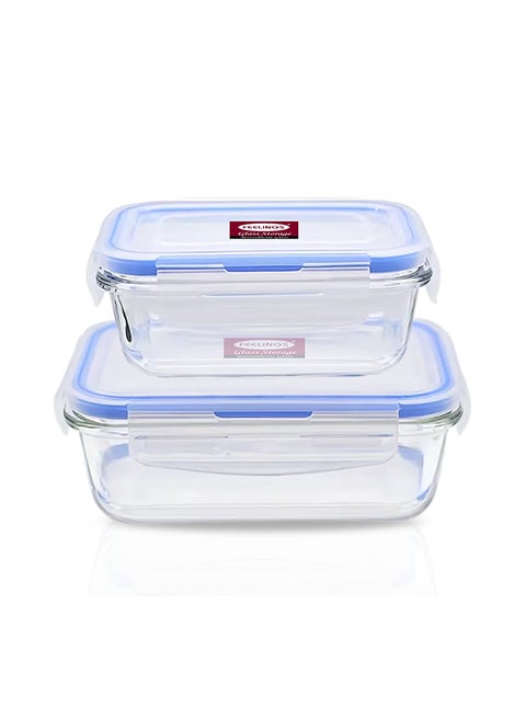 Glass Storage Box With Blue Silicone Lid 2 Pieces Clear 600+400ml