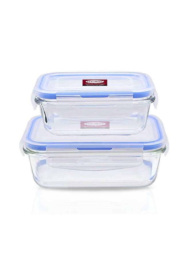 Feelings Glass Storage Box With Blue Silicone Lid 2 Pieces Clear 600+400ml  - Image 1