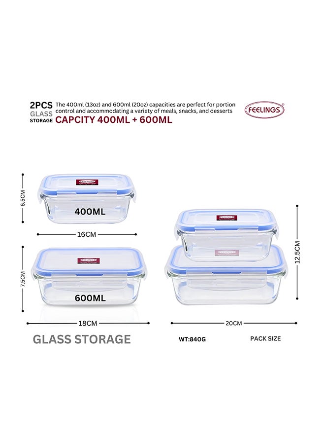 فيلينجز صندوق تخزين زجاجي من قطعتين سعة 600+400 مل مع غطاء من السيليكون بلون أزرق شفاف 600+400ملليلتر - Image 2