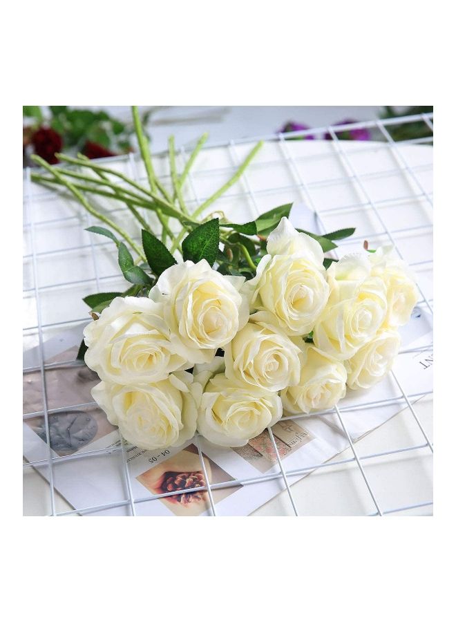12-Piece Artificial Roses Silk Bridal Wedding Bouquet Realistic Flower White/Green