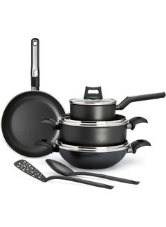 9-Piece Non-Stick Cookware Set (Fry Pan, Casserole, Saucepan, Kadai, 3 Lids & 2 Spatulas) with 5 Layer PTFE Non-Stick Spray Coating BXSGS09BME Black 4.7kg