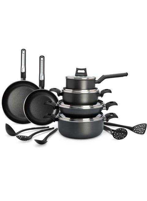 15-Piece Non-Stick Cookware Set (2 Fry Pans, 2 Casseroles, Saucepan, Kadai, 4 Lids & 5 Spatulas) with 5 Layer PTFE Non-Stick Spray Coating BXSGS15BME Black 7.69kg
