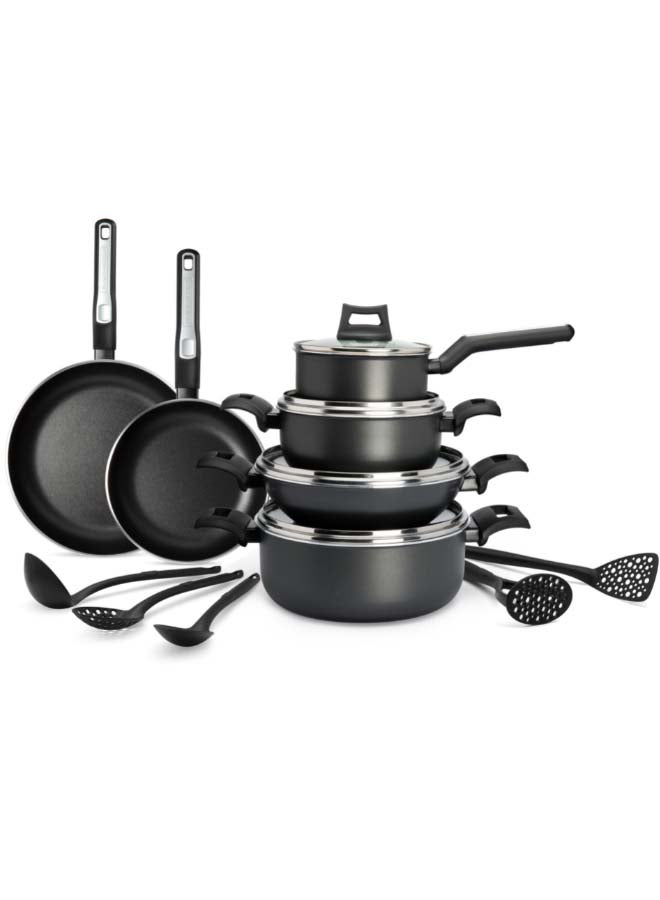 15-Piece Non-Stick Cookware Set (2 Fry Pans, 2 Casseroles, Saucepan, Kadai, 4 Lids & 5 Spatulas) with 5 Layer PTFE Non-Stick Spray Coating BXSGS15BME Black 7.69kg