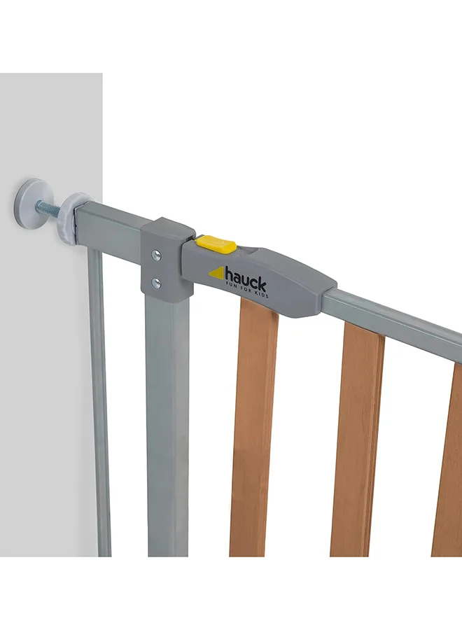 hauck Safety Gate For Doors And Stairs Woodlock Safe Gate (75 - 80Cm) Plus Two 21Cm Extension, Maximum 117 - 122Cm, Pressure Fit, No Drilling Needed, Extendable With Separate Extensions, Metal, Silver And Brown