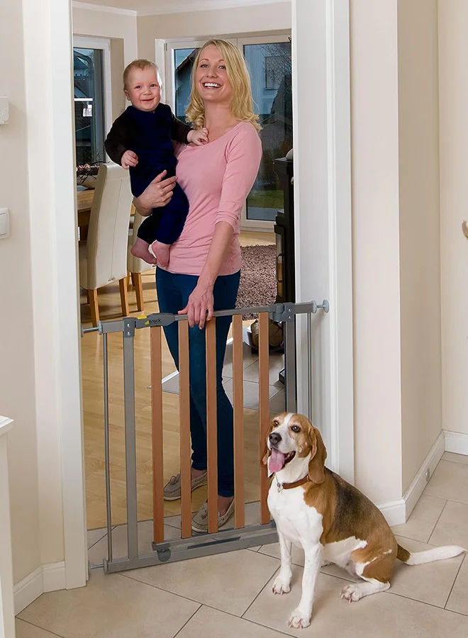 hauck Safety Gate For Doors And Stairs Woodlock Safe Gate (75 - 80Cm) Plus Two 21Cm Extension, Maximum 117 - 122Cm, Pressure Fit, No Drilling Needed, Extendable With Separate Extensions, Metal, Silver And Brown