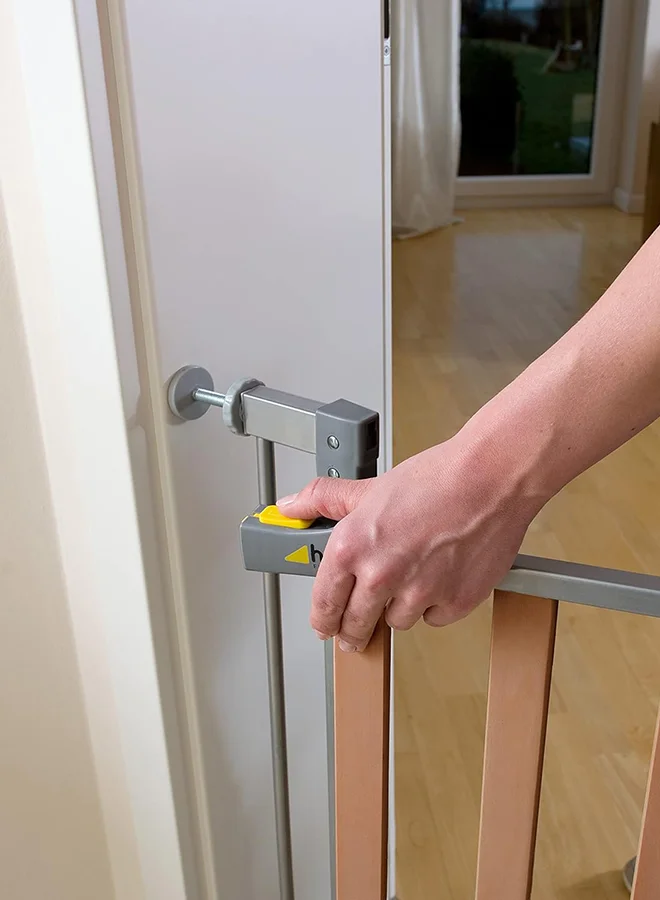 hauck Safety Gate For Doors And Stairs Woodlock Safe Gate (75 - 80Cm) Plus Two 21Cm Extension, Maximum 117 - 122Cm, Pressure Fit, No Drilling Needed, Extendable With Separate Extensions, Metal, Silver And Brown