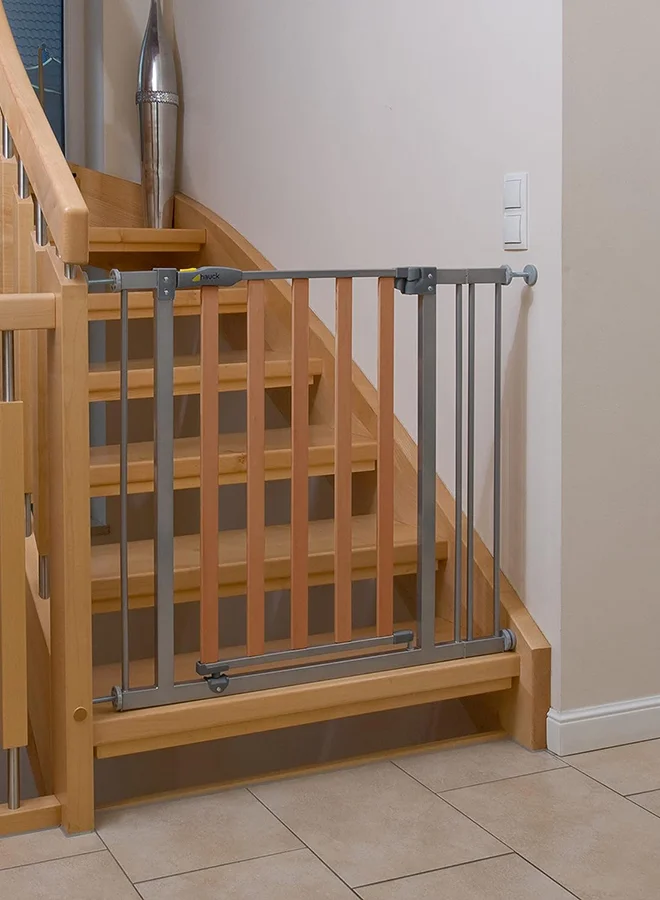 hauck Safety Gate For Doors And Stairs Woodlock Safe Gate (75 - 80Cm) Plus Two 21Cm Extension, Maximum 117 - 122Cm, Pressure Fit, No Drilling Needed, Extendable With Separate Extensions, Metal, Silver And Brown