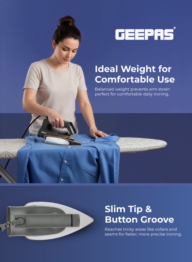 جيباس مكواة جافة - لوحة طلاء غير لاصقة وتحكم في الحرارة قابل للتعديل | ضوء المؤشر | مثالي لجميع أنواع الملابس | ضمان لمدة عامين 1200.0 وات GDI23016 رمادي 1310 W GDI23016 رمادي - Image 4