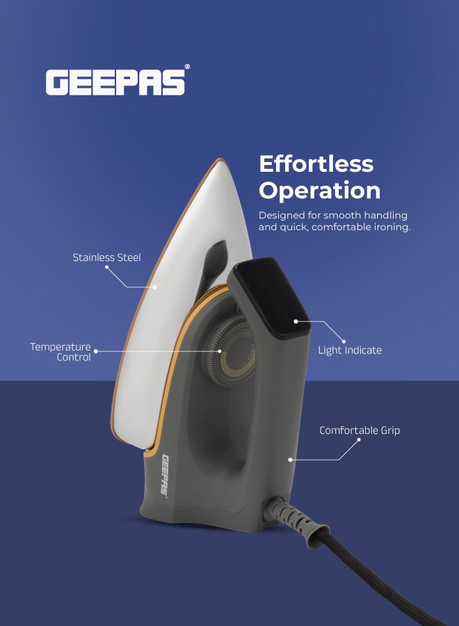 جيباس مكواة جافة - لوحة طلاء غير لاصقة وتحكم في الحرارة قابل للتعديل | ضوء المؤشر | مثالي لجميع أنواع الملابس | ضمان لمدة عامين 1200.0 وات GDI23016 رمادي 1310 W GDI23016 رمادي - Image 3