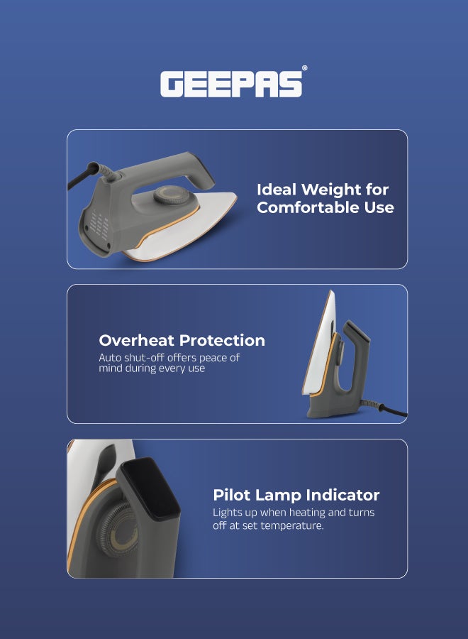 جيباس مكواة جافة - لوحة طلاء غير لاصقة وتحكم في الحرارة قابل للتعديل | ضوء المؤشر | مثالي لجميع أنواع الملابس | ضمان لمدة عامين 1200.0 وات GDI23016 رمادي 1310 W GDI23016 رمادي - Image 5