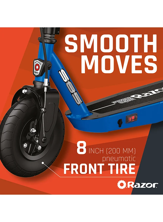 ريزر سكوتر كهربائي Razor Power core S85، سرعة تصل إلى 16 كم/ساعة، بطارية قابلة لإعادة الشحن 12 فولت، إطار أمامي هوائي مقاس 8 بوصات، فرامل خلفية، إطار فولاذي خفيف الوزن - أزرق 85.4 x 40 x 89سم