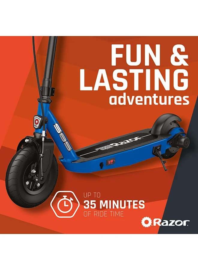 ريزر سكوتر كهربائي Razor Power core S85، سرعة تصل إلى 16 كم/ساعة، بطارية قابلة لإعادة الشحن 12 فولت، إطار أمامي هوائي مقاس 8 بوصات، فرامل خلفية، إطار فولاذي خفيف الوزن - أزرق 85.4 x 40 x 89سم