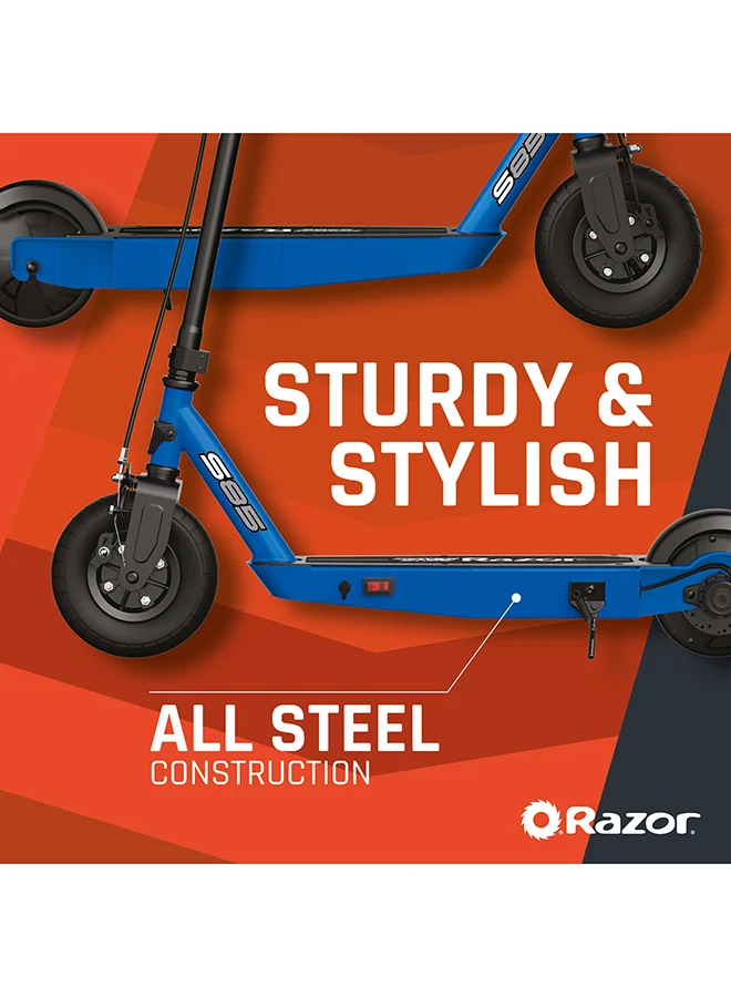 ريزر سكوتر كهربائي Razor Power core S85، سرعة تصل إلى 16 كم/ساعة، بطارية قابلة لإعادة الشحن 12 فولت، إطار أمامي هوائي مقاس 8 بوصات، فرامل خلفية، إطار فولاذي خفيف الوزن - أزرق 85.4 x 40 x 89سم