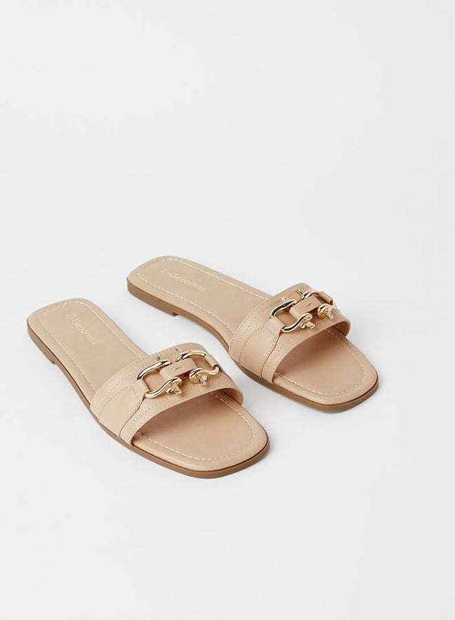 Geoomnii Elliot Buckle Detail Flat Sandals Beige  - Image 2