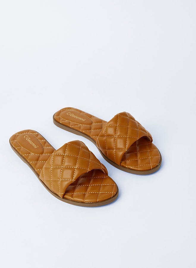 Geoomnii - Ruse Quilting Effect Flat Sandals Brown - Image 1
