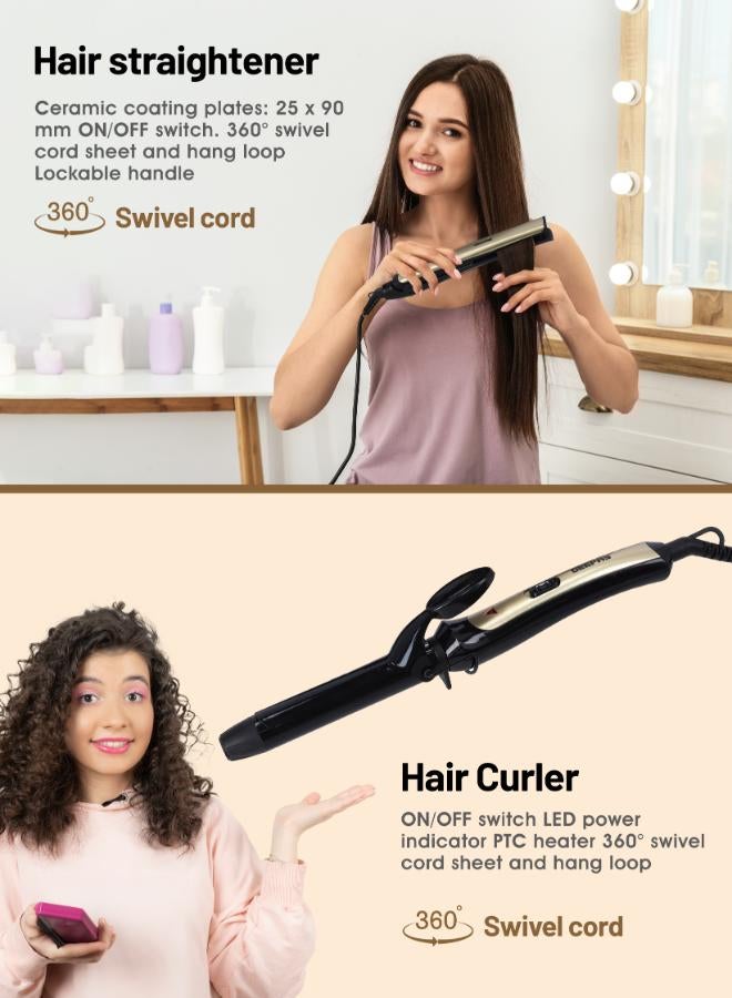 GEEPAS 3 In 1 Hair Styling Set 2200W - 2 Speed And 3 Heat Setting Curler, Ceramic Coating Plates Straightener With 25mm Hair Curler, Ideal Gift For Women Black/Gold 1200grams  - Image 5