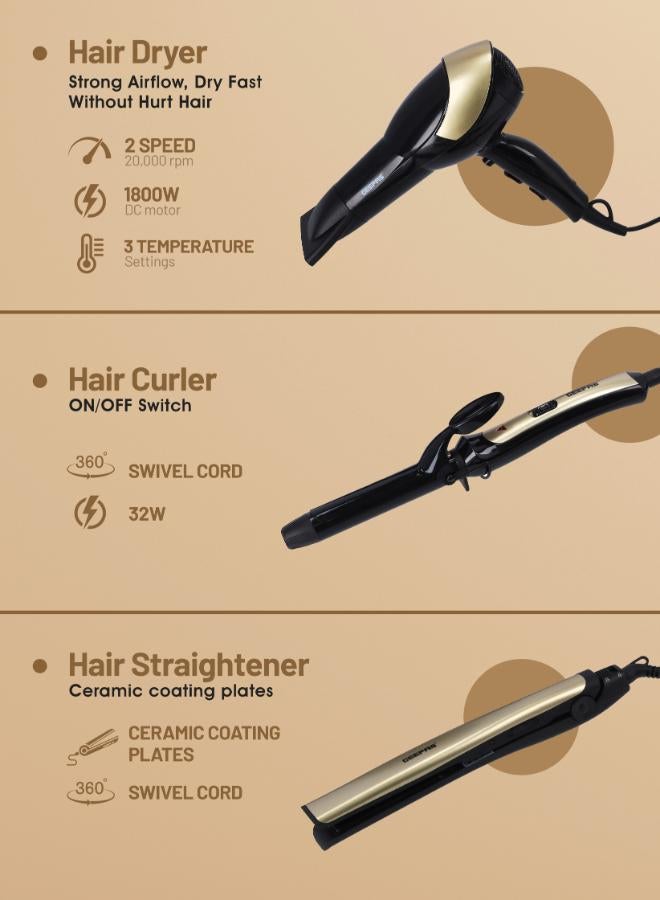 GEEPAS 3 In 1 Hair Styling Set 2200W - 2 Speed And 3 Heat Setting Curler, Ceramic Coating Plates Straightener With 25mm Hair Curler, Ideal Gift For Women Black/Gold 1200grams  - Image 3