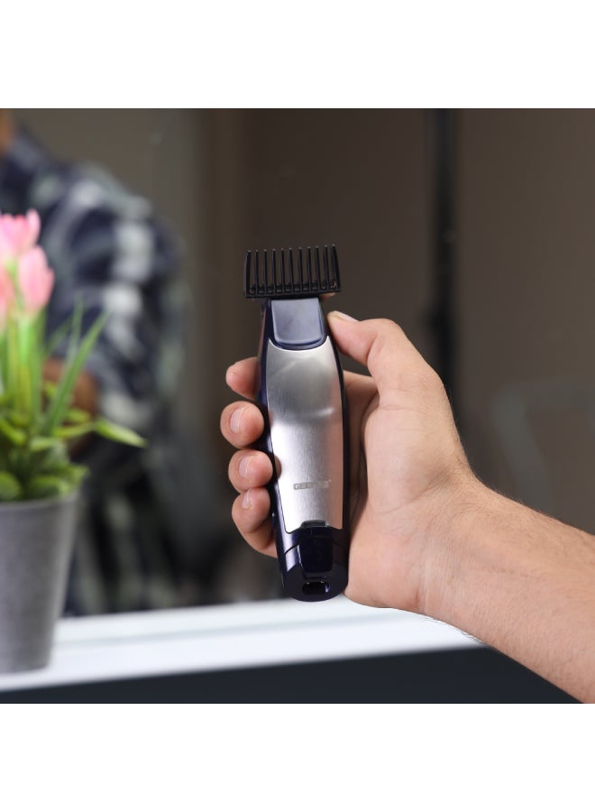 GEEPAS - Professional Hair & Beard  Trimmer |  60 Minutes Working Time, Zero Overlap Stainless Steel Blades for Corded and Cordless Use | Low Noise,  USB and DC Adaptor with BS Plug| Provide Accessories Like Combs, Oil, Adapter for Professional Finish| 2 Years Warranty GTR56022 Blue/Silver - Image 1