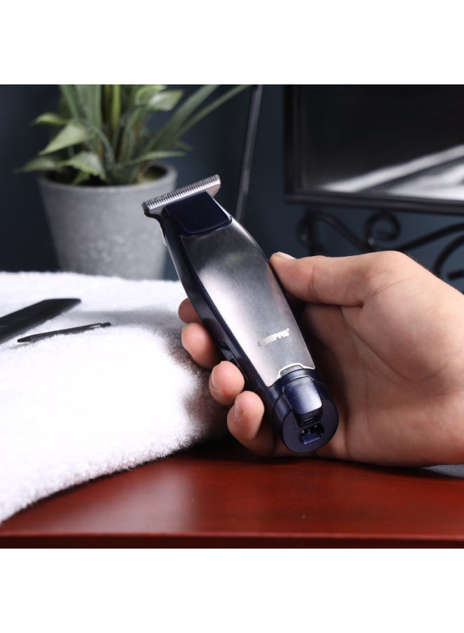 GEEPAS - Professional Hair & Beard  Trimmer |  60 Minutes Working Time, Zero Overlap Stainless Steel Blades for Corded and Cordless Use | Low Noise,  USB and DC Adaptor with BS Plug| Provide Accessories Like Combs, Oil, Adapter for Professional Finish| 2 Years Warranty GTR56022 Blue/Silver - Image 1