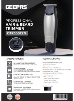 Professional Hair & Beard  Trimmer |  60 Minutes Working Time, Zero Overlap Stainless Steel Blades for Corded and Cordless Use | Low Noise,  USB and DC Adaptor with BS Plug| Provide Accessories Like Combs, Oil, Adapter for Professional Finish| 2 Years Warranty GTR56022 Blue/Silver - pnsku/N46828638A/45/_/1732774565/023e95b7-aebf-4365-9fe3-d0a620e3b27a