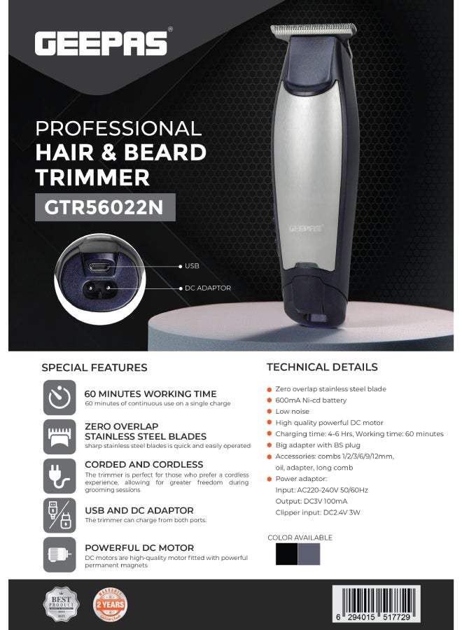 GEEPAS - Professional Hair & Beard  Trimmer |  60 Minutes Working Time, Zero Overlap Stainless Steel Blades for Corded and Cordless Use | Low Noise,  USB and DC Adaptor with BS Plug| Provide Accessories Like Combs, Oil, Adapter for Professional Finish| 2 Years Warranty GTR56022 Blue/Silver - Image 1