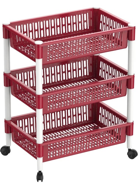 Multipurpose Plastic Trolley Vegetable Rack 3 Tiers Dark Red 45 x 30 x 65cm