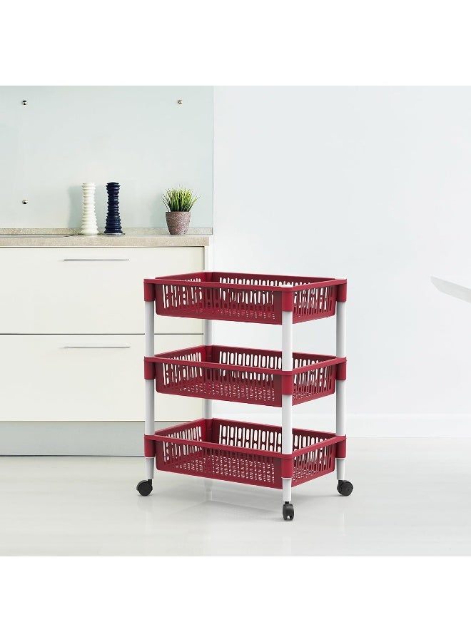 Cosmoplast - Multipurpose Plastic Trolley Vegetable Rack 3 Tiers Dark Red 45 x 30 x 65cm - Image 1