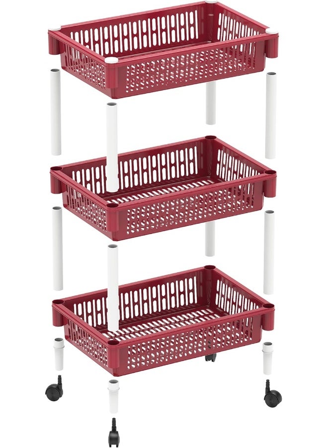 Cosmoplast - Multipurpose Plastic Trolley Vegetable Rack 3 Tiers Dark Red 45 x 30 x 65cm - Image 1