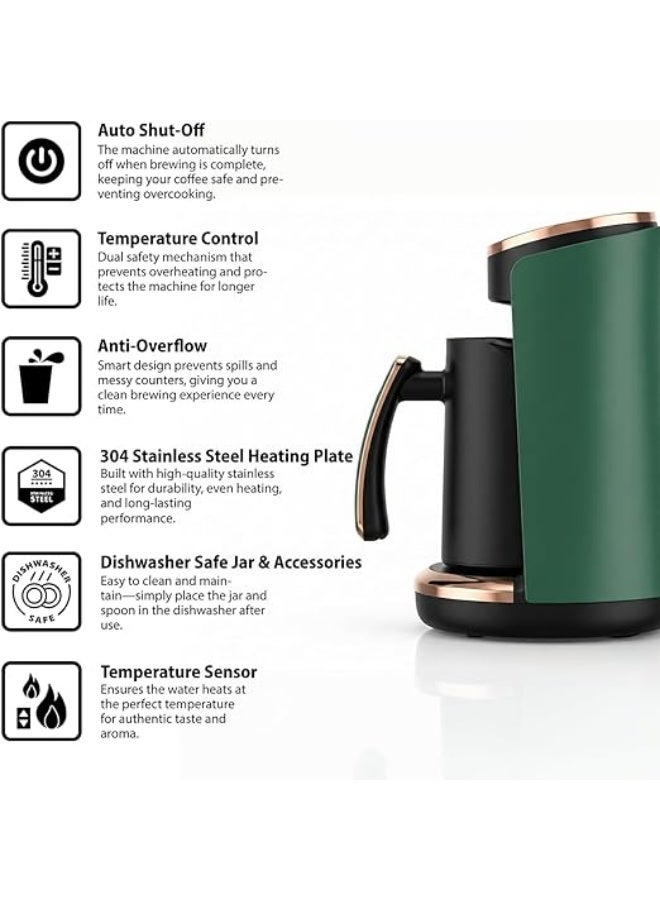 Saachi Turkish Coffee Maker NL-COF-7046-GN, 4 Cups Automatic Electric Coffee Machine, Anti-Overflow System, 250ml Tank, Tea & Turkish Coffee Brewer, 400W 250 ml 400 W NL-COF-7046-GN Green - Image 3