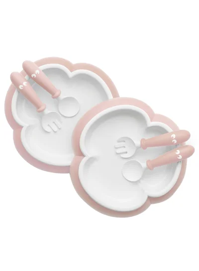 BABYBJORN Pack Of 2 Baby Plate Sets, Spoon With Fork For Feeding, Powder Pink And White