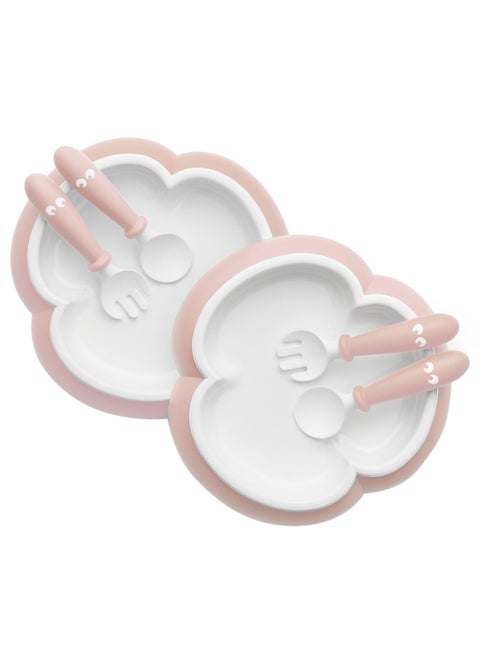 Pack Of 2 Baby Plate Sets, Spoon With Fork For Feeding, Powder Pink And White