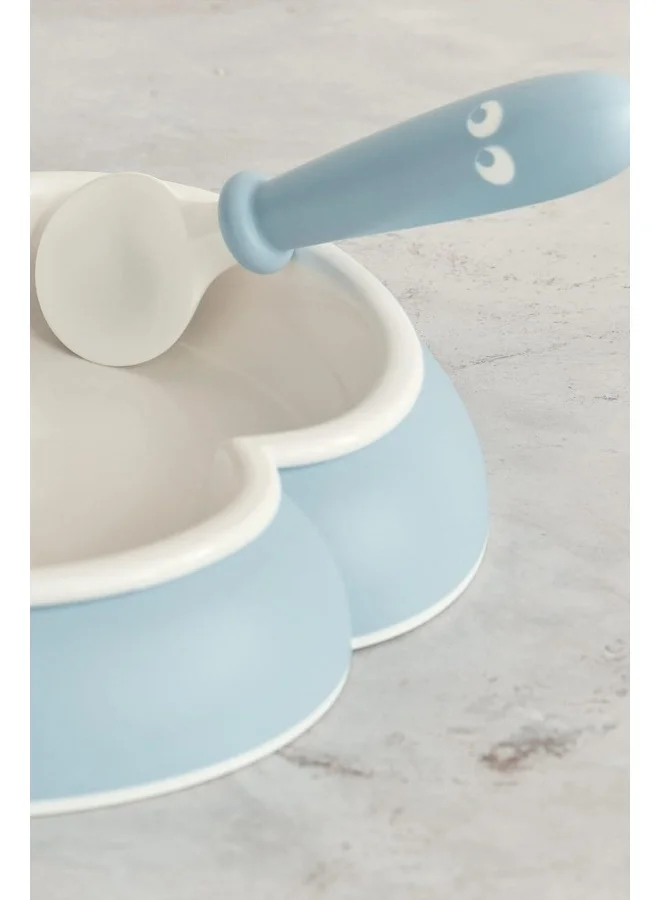 BABYBJORN Pack Of 2 Baby Plate, Spoon With Fork For Feeding Powder Blue And White