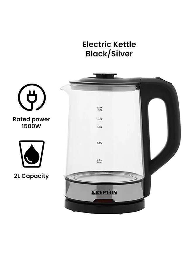 KRYPTON Electric Cordless Glass Kettle with Boil Dry Protection, Detachable Power Base, Auto Shut Off, Fast Boil & Easy to Clean and Ideal for Hot Water, Tea or Coffee 2 L 1500 W KNK6221 Black/Silver - Image 2