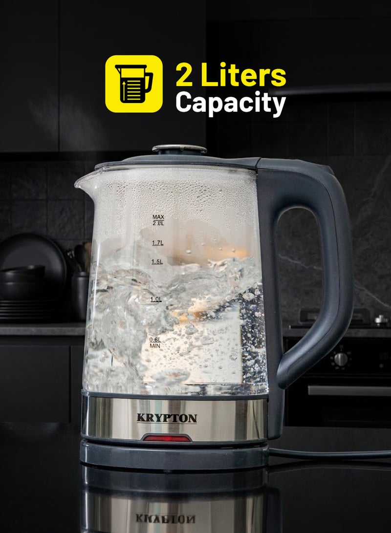 KRYPTON Electric Cordless Glass Kettle with Boil Dry Protection, Detachable Power Base, Auto Shut Off, Fast Boil & Easy to Clean and Ideal for Hot Water, Tea or Coffee 2 L 1500 W KNK6221 Black/Silver - Image 2