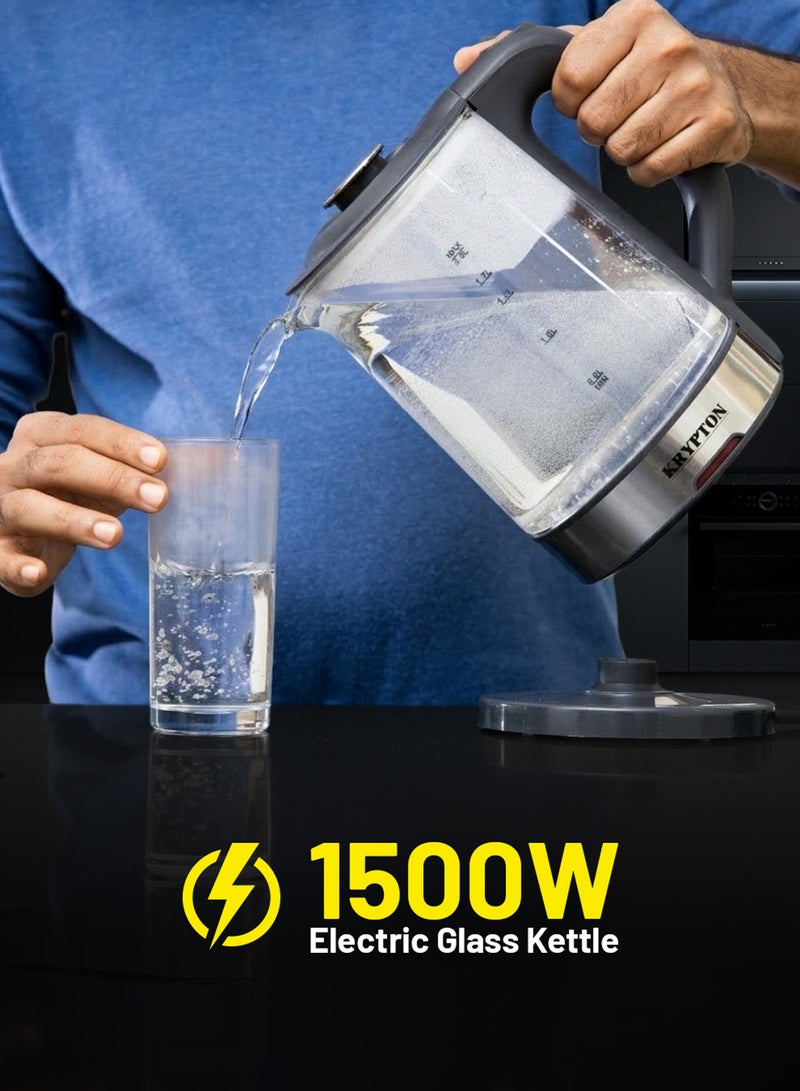 KRYPTON Electric Cordless Glass Kettle with Boil Dry Protection, Detachable Power Base, Auto Shut Off, Fast Boil & Easy to Clean and Ideal for Hot Water, Tea or Coffee 2 L 1500 W KNK6221 Black/Silver - Image 3