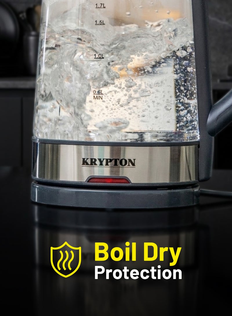 KRYPTON Electric Cordless Glass Kettle with Boil Dry Protection, Detachable Power Base, Auto Shut Off, Fast Boil & Easy to Clean and Ideal for Hot Water, Tea or Coffee 2 L 1500 W KNK6221 Black/Silver - Image 4