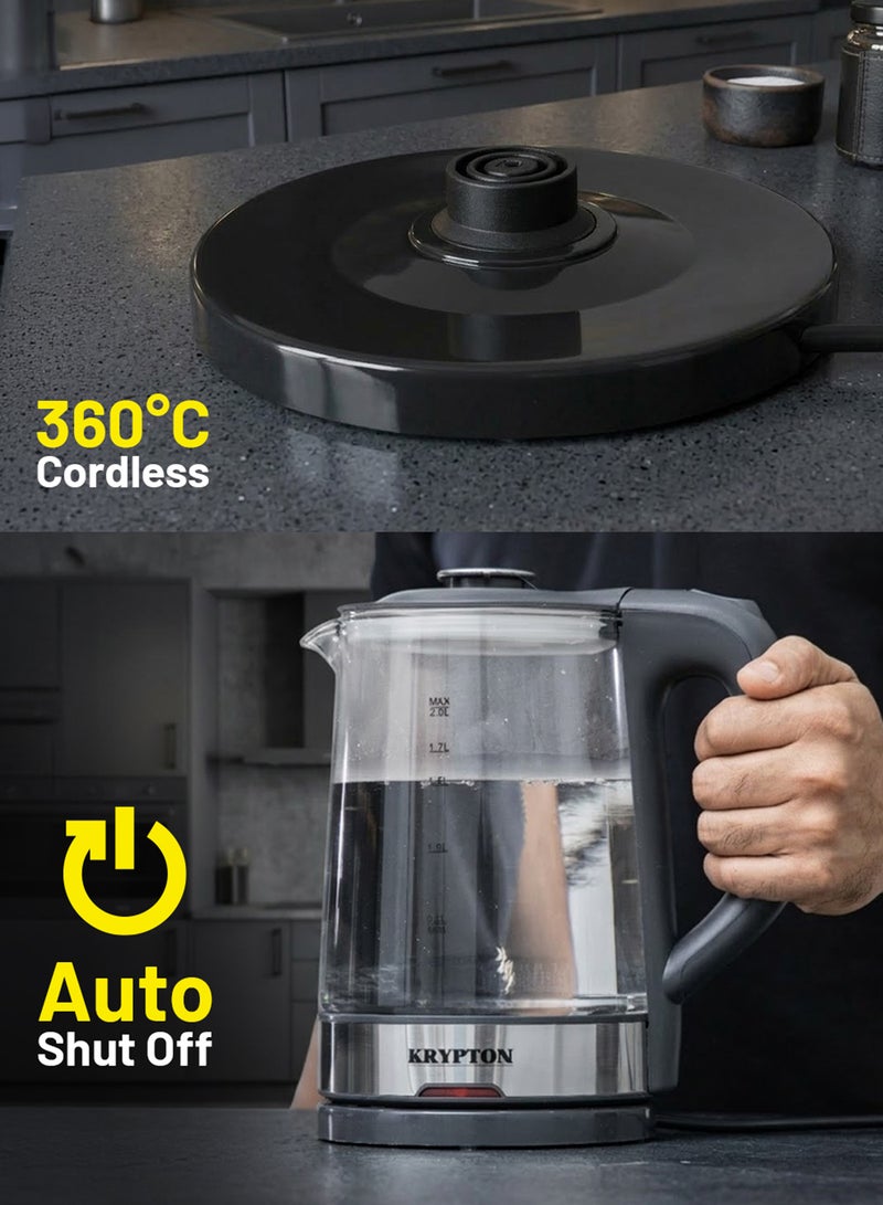 KRYPTON Electric Cordless Glass Kettle with Boil Dry Protection, Detachable Power Base, Auto Shut Off, Fast Boil & Easy to Clean and Ideal for Hot Water, Tea or Coffee 2 L 1500 W KNK6221 Black/Silver - Image 5