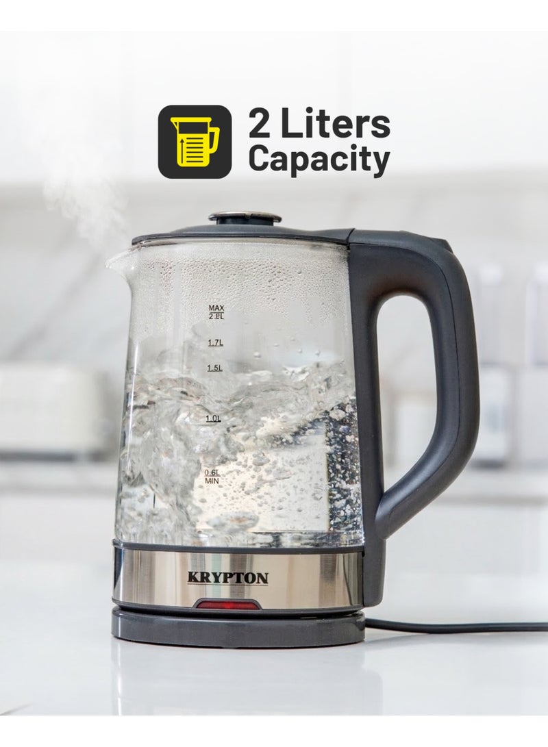 KRYPTON Electric Cordless Glass Kettle with Boil Dry Protection, Detachable Power Base, Auto Shut Off, Fast Boil & Easy to Clean and Ideal for Hot Water, Tea or Coffee 2 L 1500 W KNK6221 Black/Silver - Image 2