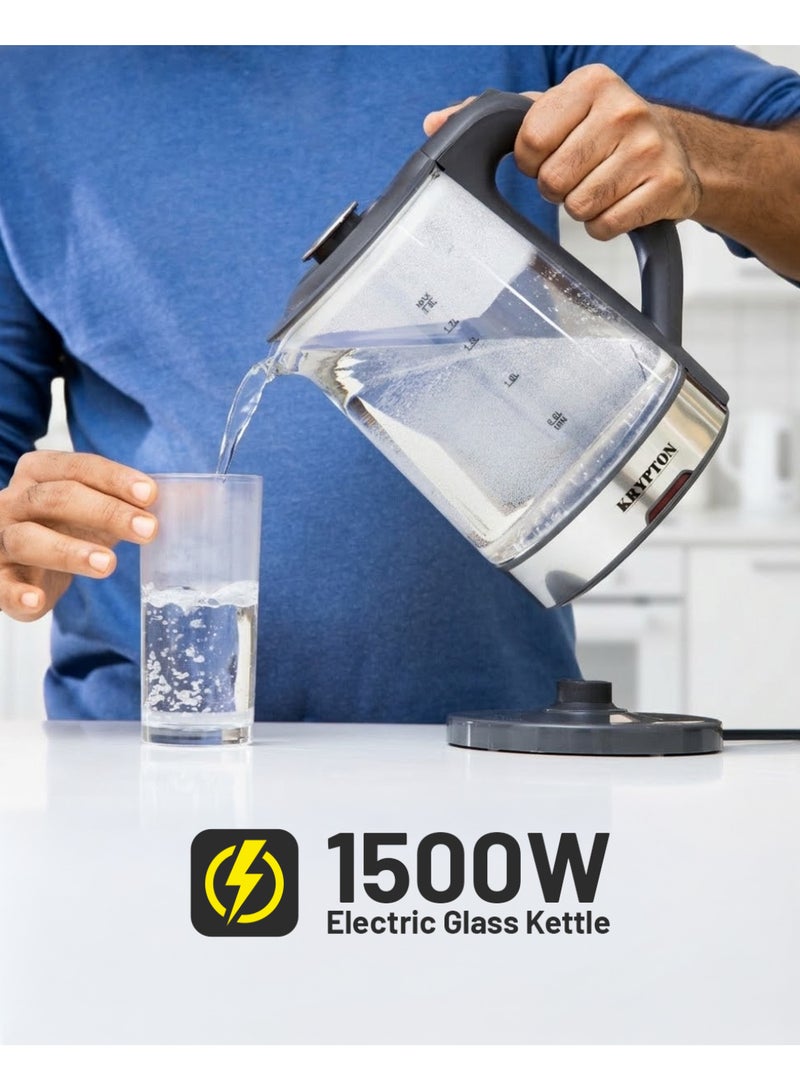 KRYPTON Electric Cordless Glass Kettle with Boil Dry Protection, Detachable Power Base, Auto Shut Off, Fast Boil & Easy to Clean and Ideal for Hot Water, Tea or Coffee 2 L 1500 W KNK6221 Black/Silver - Image 3