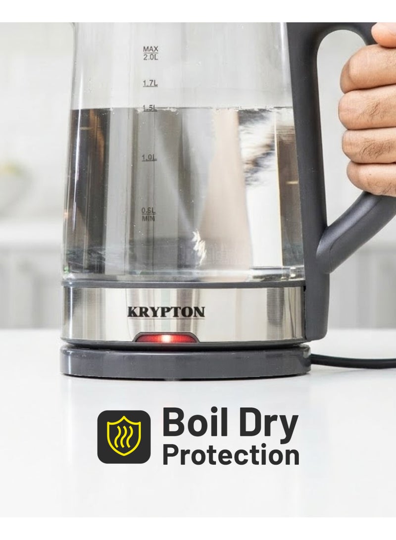 KRYPTON Electric Cordless Glass Kettle with Boil Dry Protection, Detachable Power Base, Auto Shut Off, Fast Boil & Easy to Clean and Ideal for Hot Water, Tea or Coffee 2 L 1500 W KNK6221 Black/Silver - Image 4
