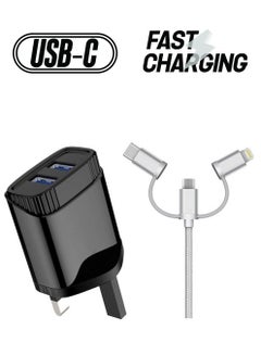 iends Dual Port Wall Charger With 3-In-1 Type-C Micro Lightning Cable Black/Silver  - Image 1