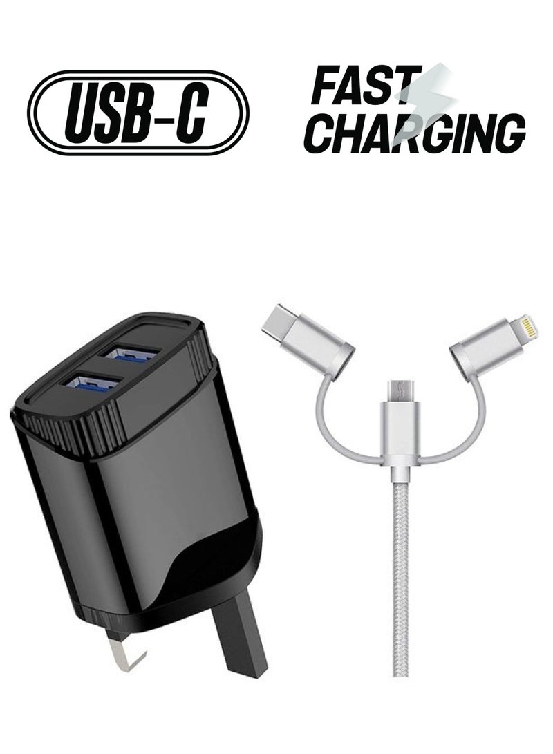 آيندز شاحن جداري بمنفذ مزدوج مع كابل Lightning مايكرو 3 في 1 بمنفذ Type-C أسود/فضي  - Image 1