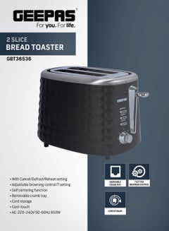 GEEPAS 2 Slice Bread Toaster -  Adjustable 7 Browning Control 2 Slice Pop-Up Toaster with Removable Crumb Collection Tray, Self-Centering | Cancel, Defrost & Reheat | Perfect Sandwiches, Toast & More 850 W GBT36536 Black  - Image 5