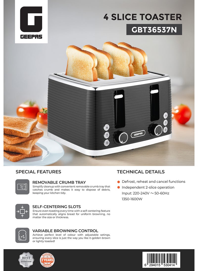GEEPAS - 4 Slice Bread Toaster - Adjustable 7 Browning Control 4 Slice Pop-Up Toaster with Removable Crumb Collection Tray, Self-Centering | Cancel, Defrost & Reheat | Perfect Sandwiches, Toast & More 1750 W GBT36537 Black - Image 1