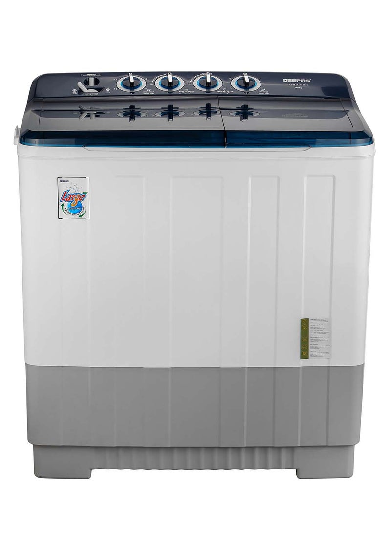 GEEPAS - 20 KG Twin Tub Semi-Automatic Washing Machine| High Back Control Panel Top Load Washing Machine, Big Pulsator| Highly Efficient with Magic Filter Classic Design, Spin Capacity 10 KG| 1 Years Warranty | 960 W GSWM6491 White/Blue/Gray - Image 1