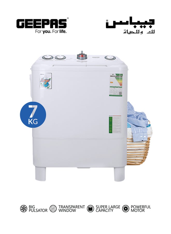 GEEPAS Semi-Automatic Washing Machine With Counter Top -Twin Tub/Ripple Pulsator With Control Knobs/Water Inlet With Filter Assy 670 W GSWM6493NV White 